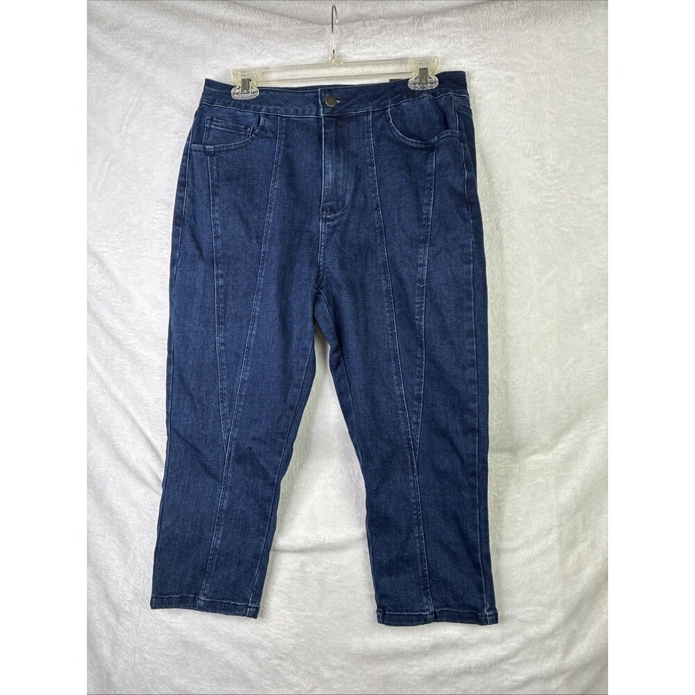 Fashion Nova Womens Capri Jeans Large Dark Wash Blue Denim Front Seam Detail